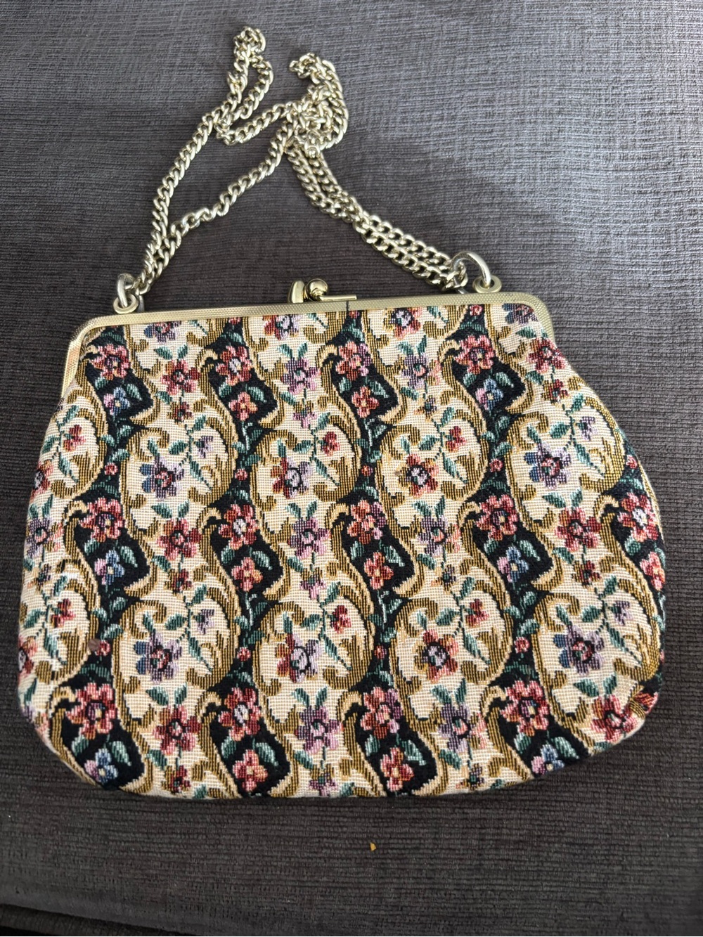 Vintage Floral Tapestry Kiss-Lock Chain Shoulder Clutch - Cream Multi